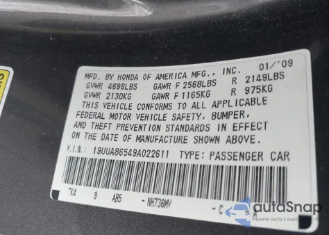 2009 Acura Tl 3.5 из США, поврежденный, VIN 19UUA86549A022611